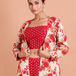 Red and Gold Co-Ord Set with Floral Embroidered Jacket Close Up View