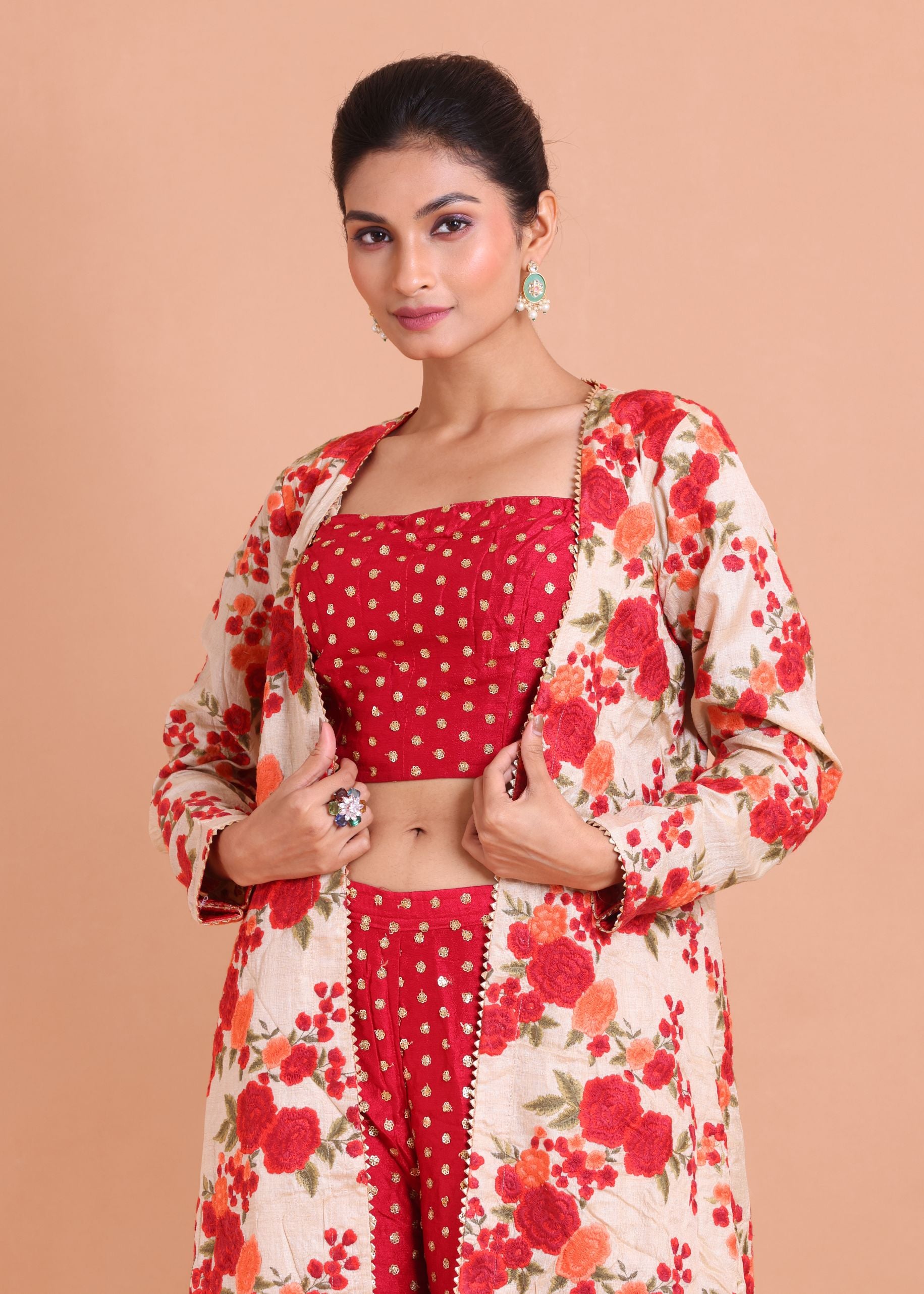 Red and Gold Co-Ord Set with Floral Embroidered Jacket Close Up View