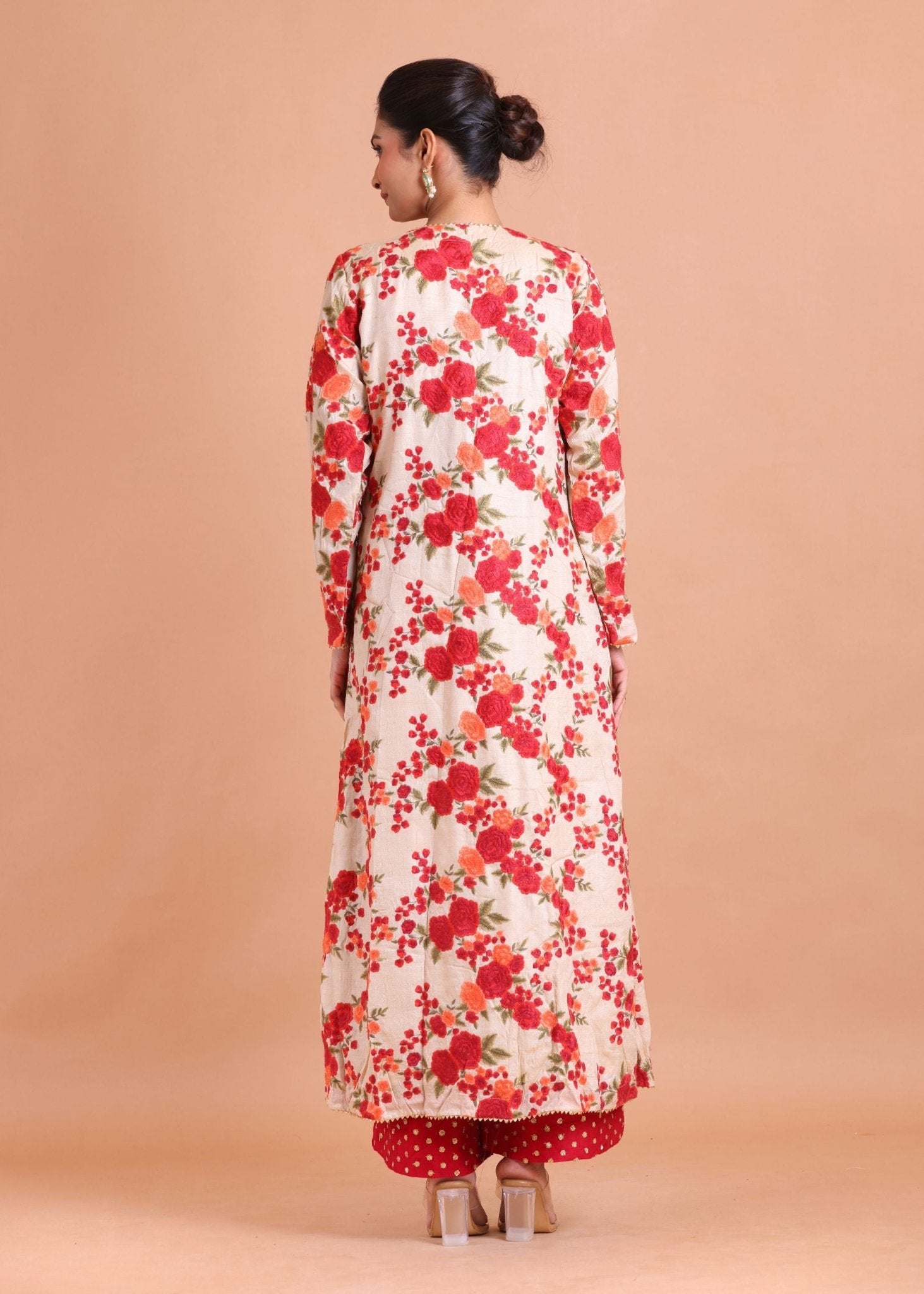 Red and Gold Co-Ord Set with Floral Embroidered Jacket - Anvi Couture
