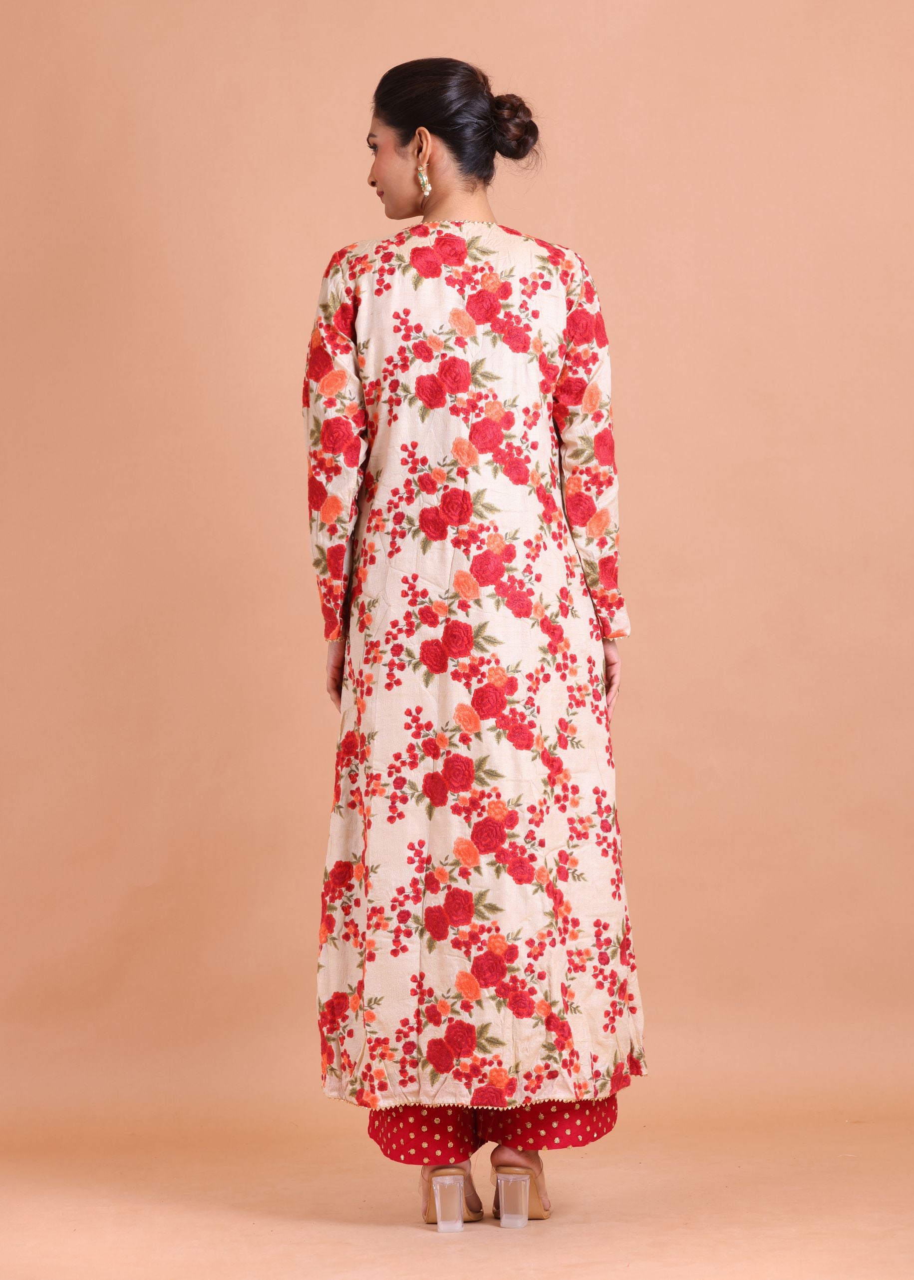 Red and Gold Co-Ord Set with Floral Embroidered Jacket Back View