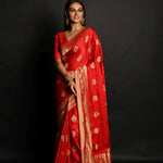 Red and Gold Pure Satin Silk Banarasi Saree with Real Zari Work – Handwoven Luxury