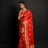 Red and Gold Satin Silk Banarasi Saree – Side View with Gold Zari Border – Anvi Couture