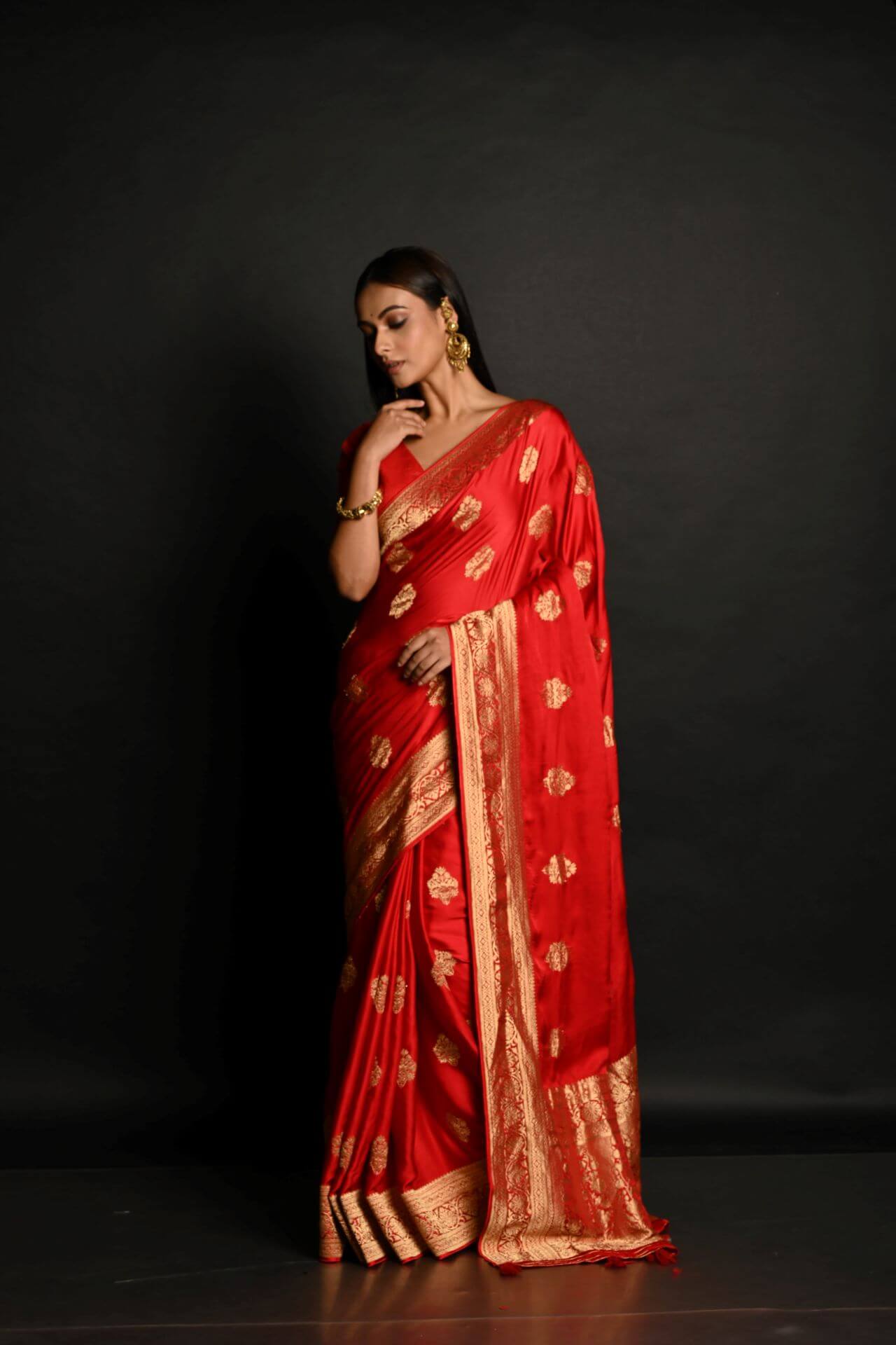 Red and Gold Satin Silk Banarasi Saree – Side View with Gold Zari Border – Anvi Couture