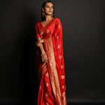 Red and Gold Satin Silk Banarasi Saree – Side View with Gold Zari Border