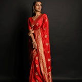 Red and Gold Satin Silk Banarasi Saree – Side View with Gold Zari Border