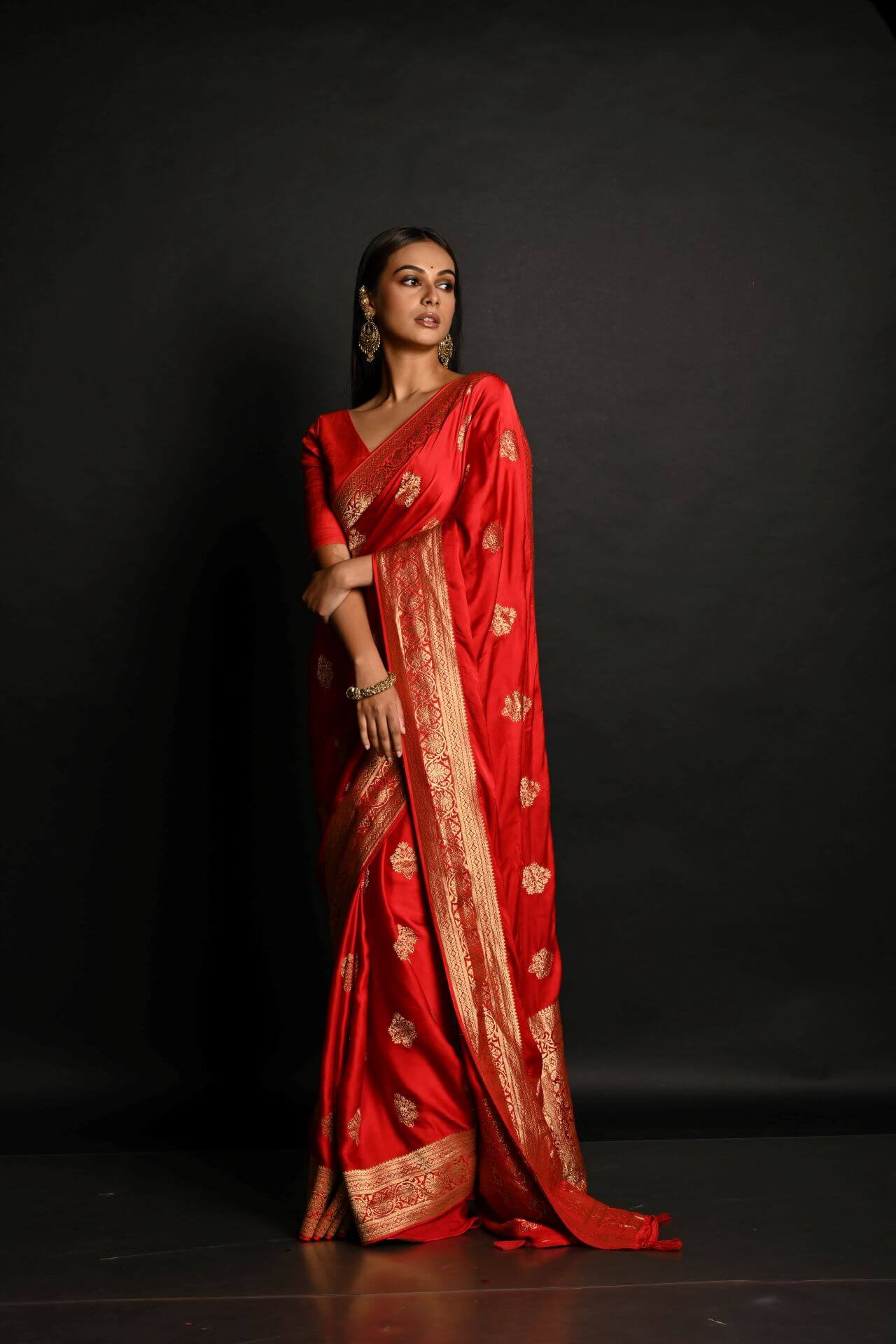 Red and Gold Satin Silk Banarasi Saree – Side View with Gold Zari Border