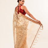 Red and Gold Tissue Silk Saree – Cut Dana Embroidery Full Drape View – Anvi Couture