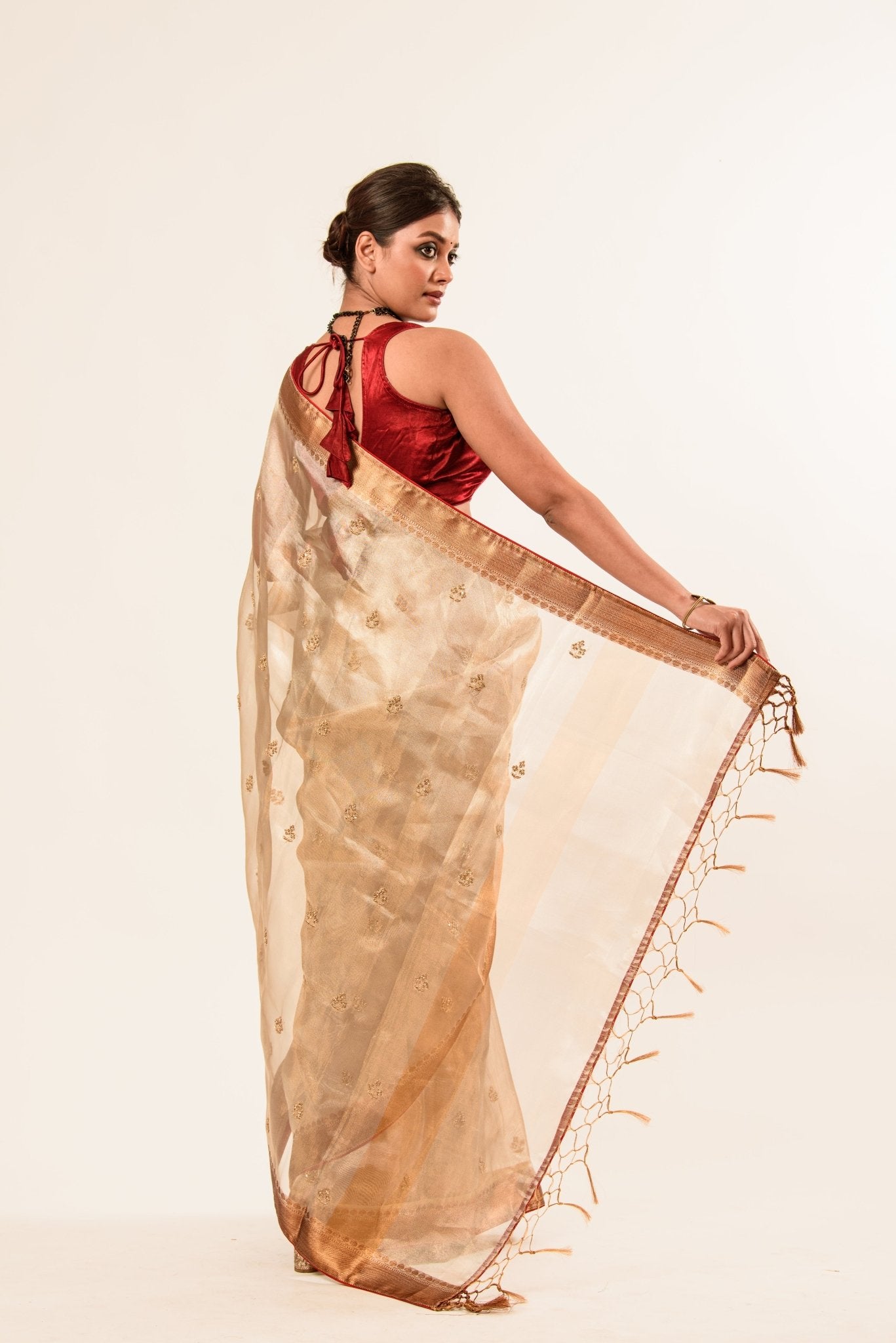 Red and Gold Tissue Silk Saree – Cut Dana Embroidery Full Drape View – Anvi Couture