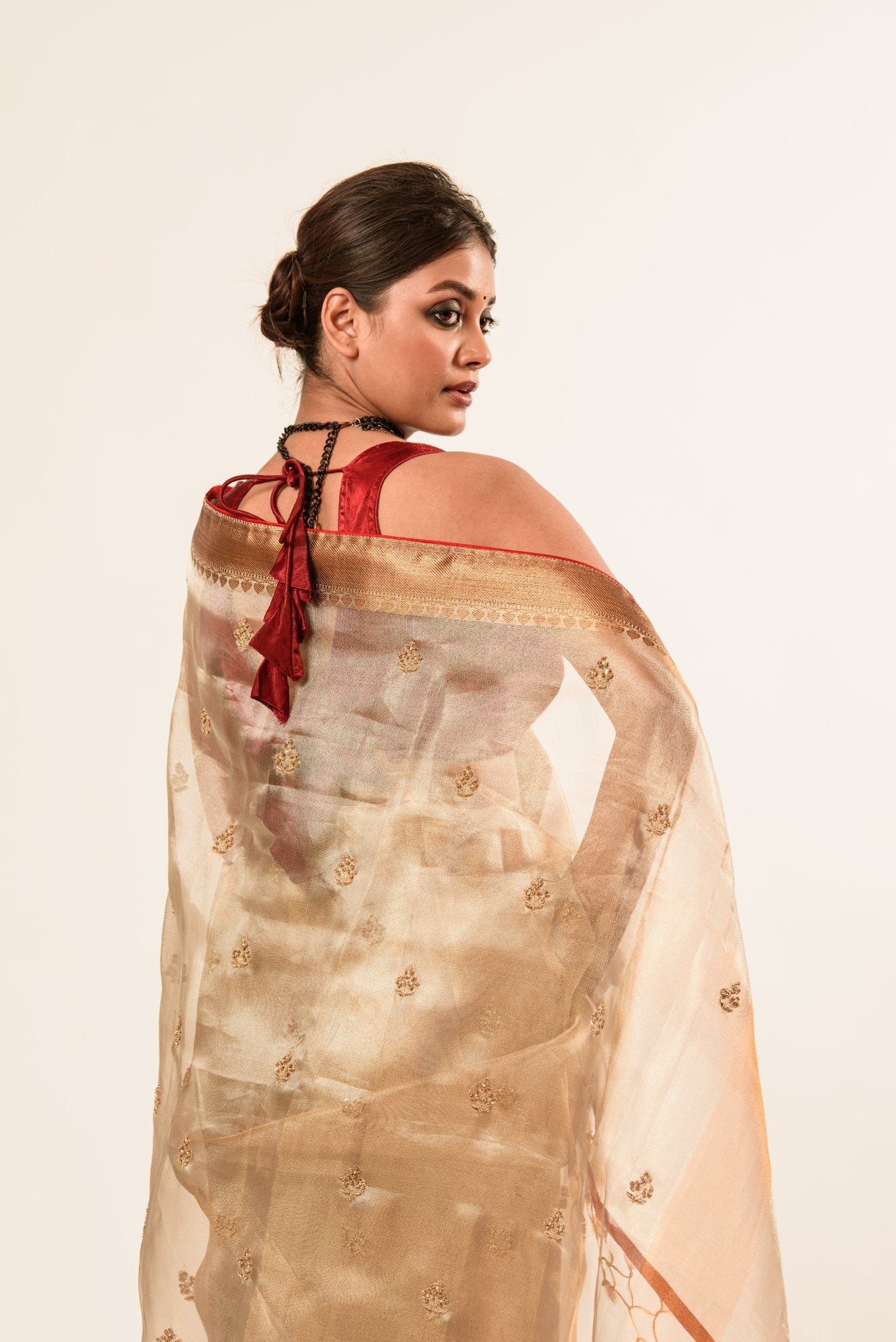 Red and Gold Tissue Silk Saree – Cut Dana Embroidery Full Drape View
