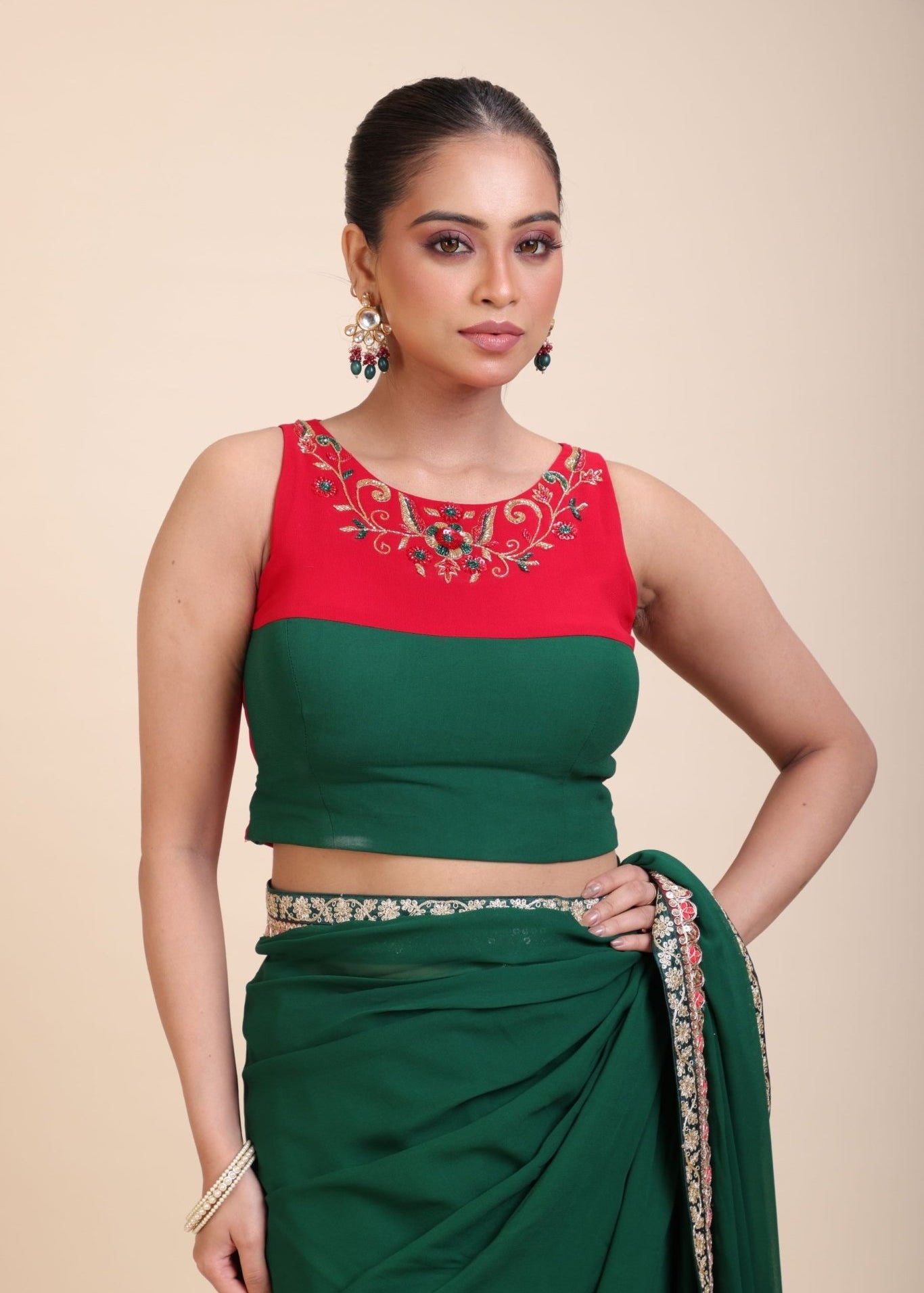 Red and Green Hand Embroidered Designer Blouse - Anvi Couture