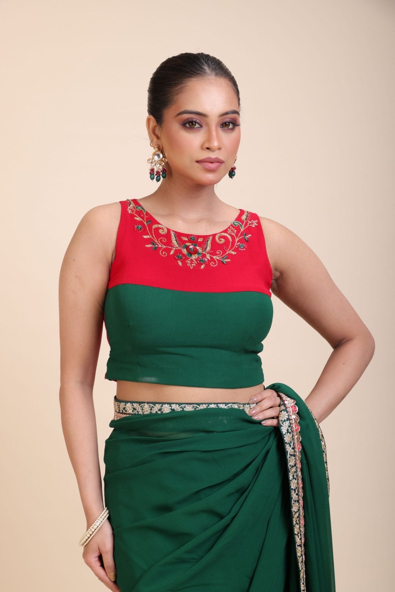 Red and Green Hand Embroidered Designer Blouse - Anvi Couture