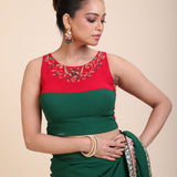 Red and Green Hand Embroidered Designer Blouse Front
