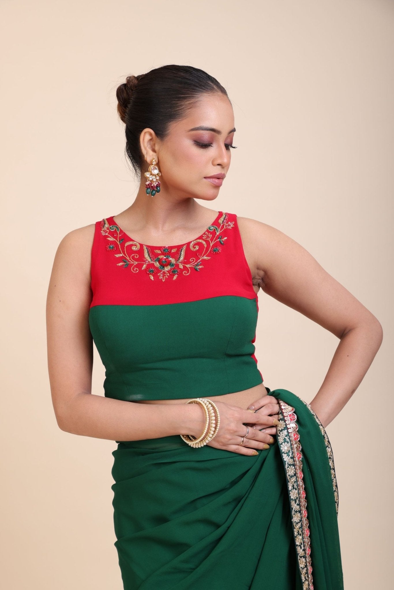 Red and Green Hand Embroidered Designer Blouse - Anvi Couture