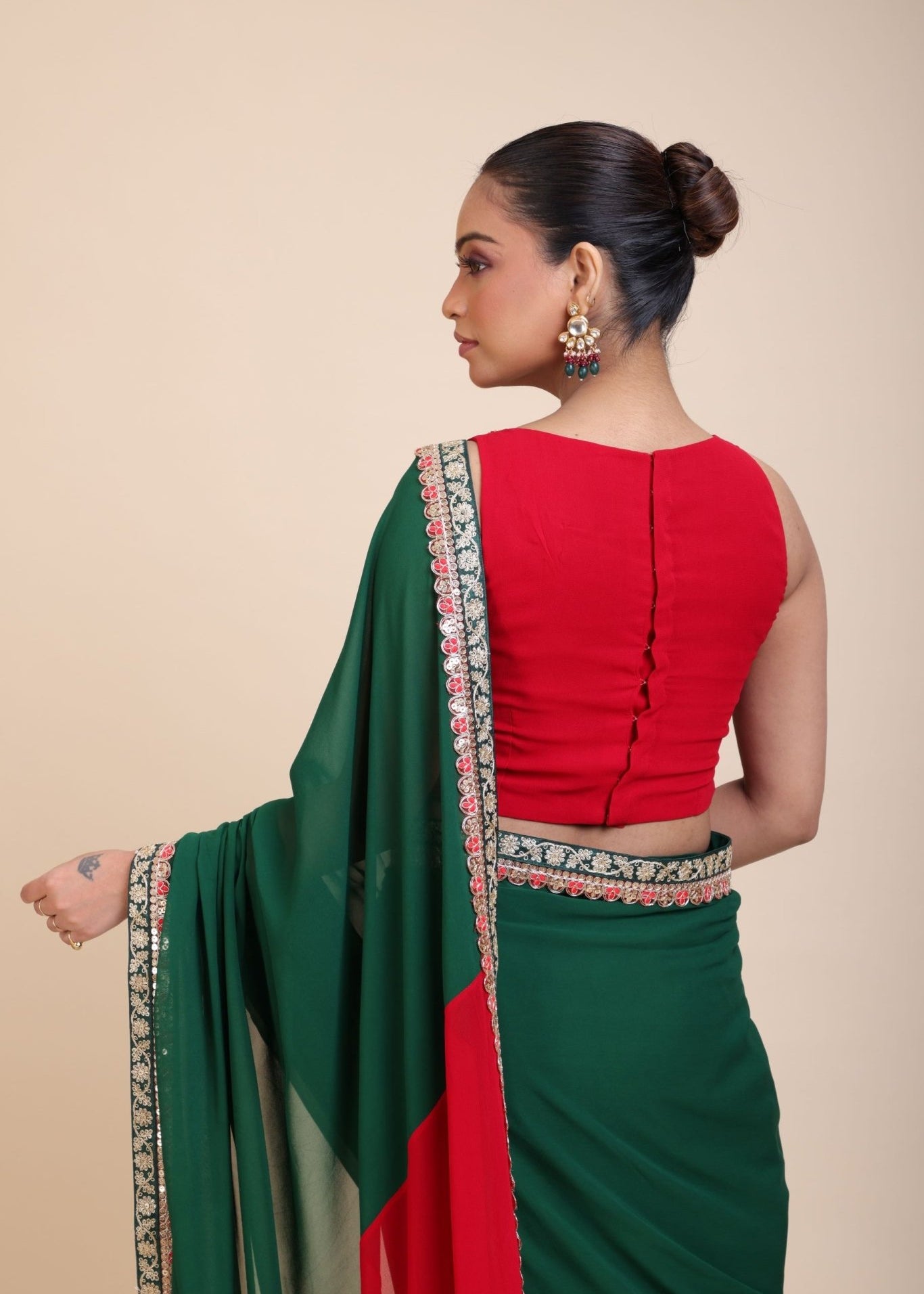 Red and Green Hand Embroidered Designer Blouse - Anvi Couture