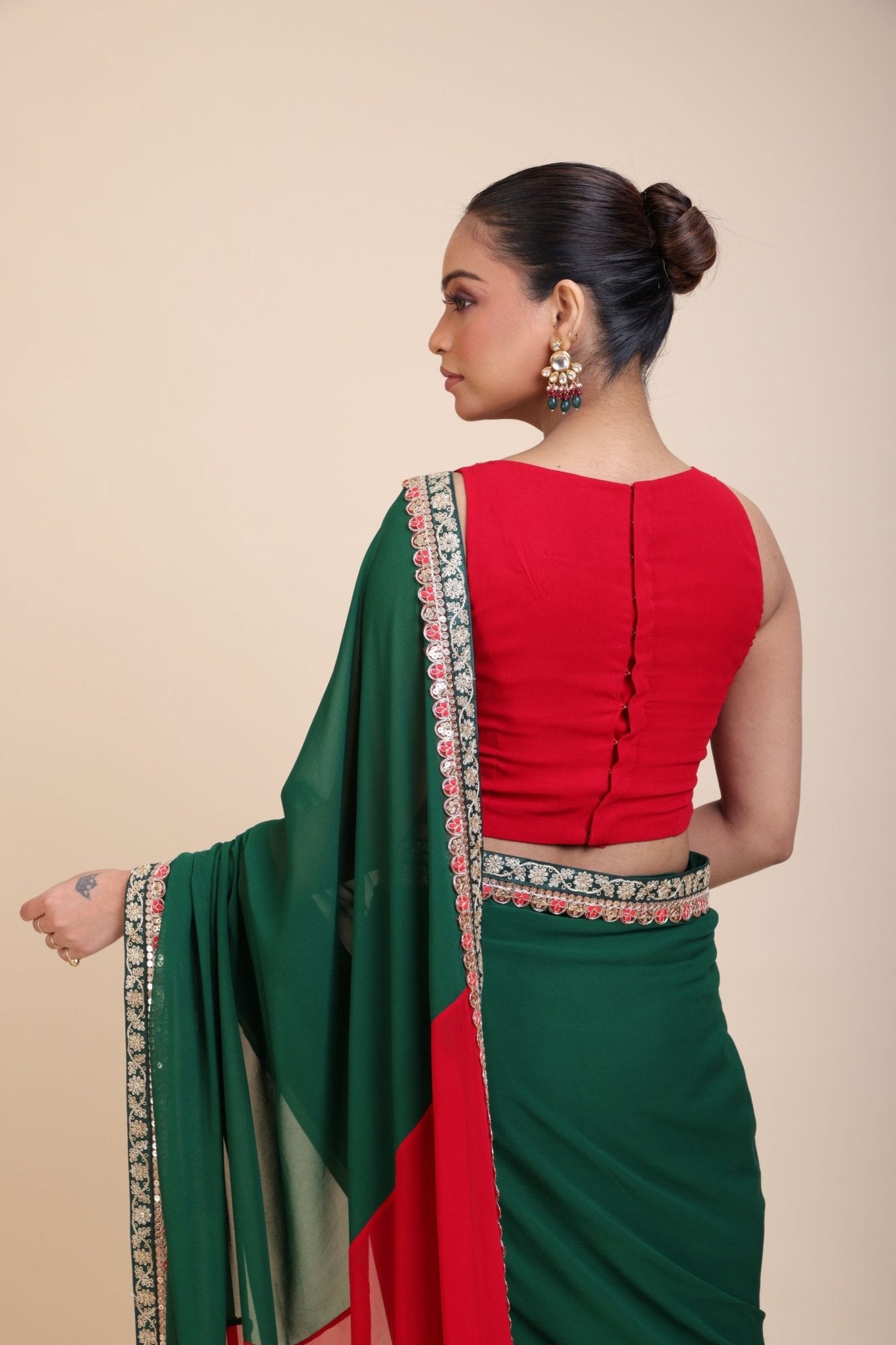 Red and Green Hand Embroidered Designer Blouse - Anvi Couture