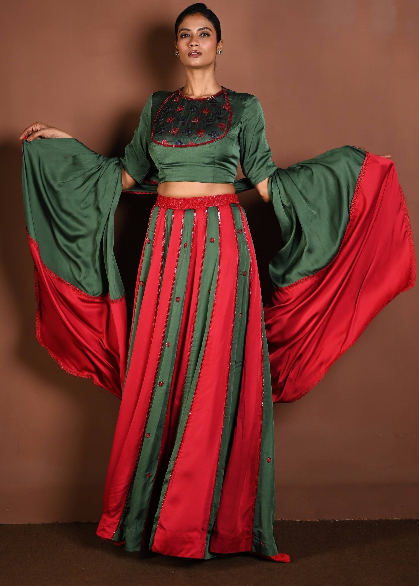 Red and Green Lehenga with Matching Green Choli and Dupatta - Anvi Couture