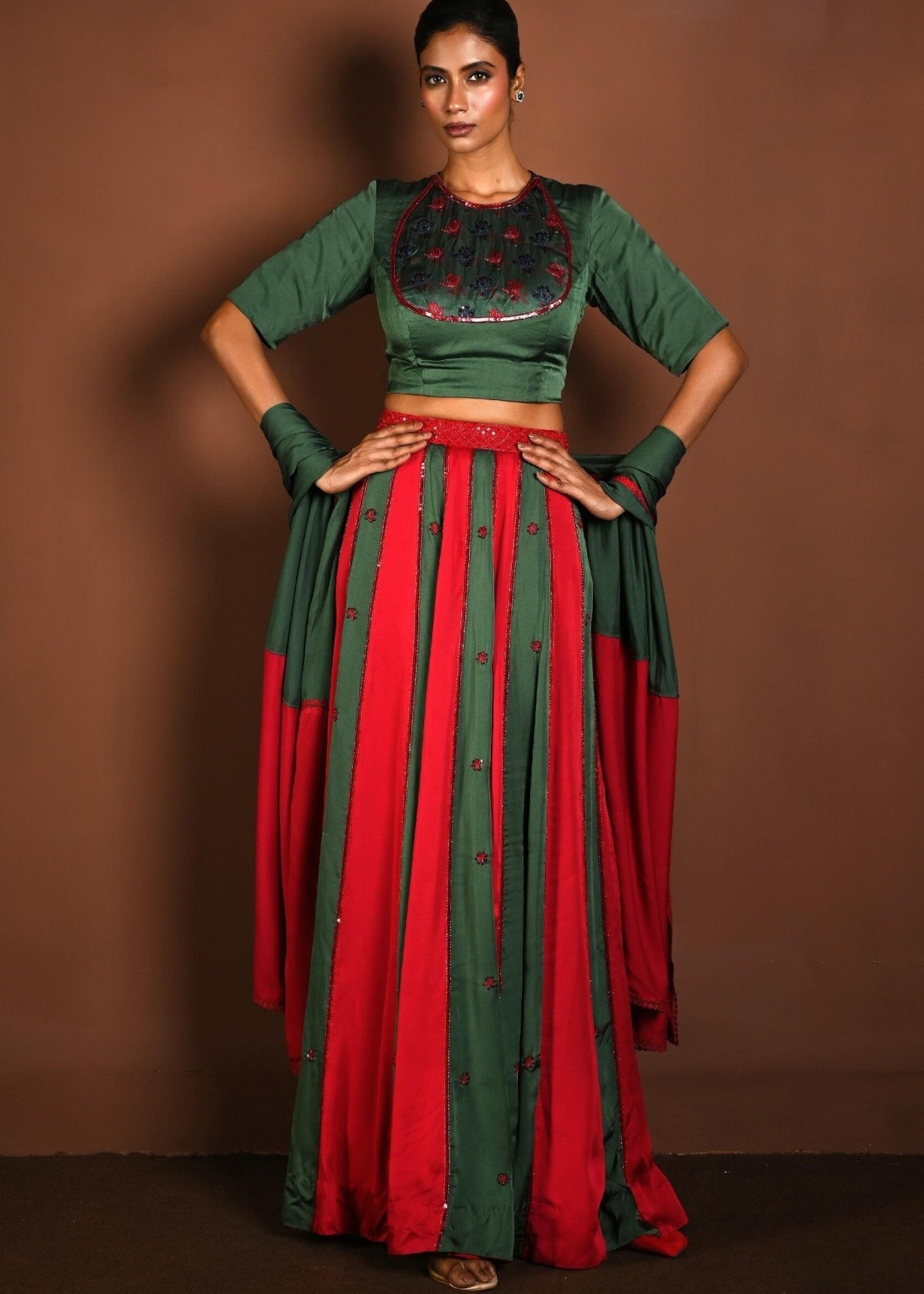 Red and Green Lehenga with Matching Green Choli and Dupatta - Anvi Couture