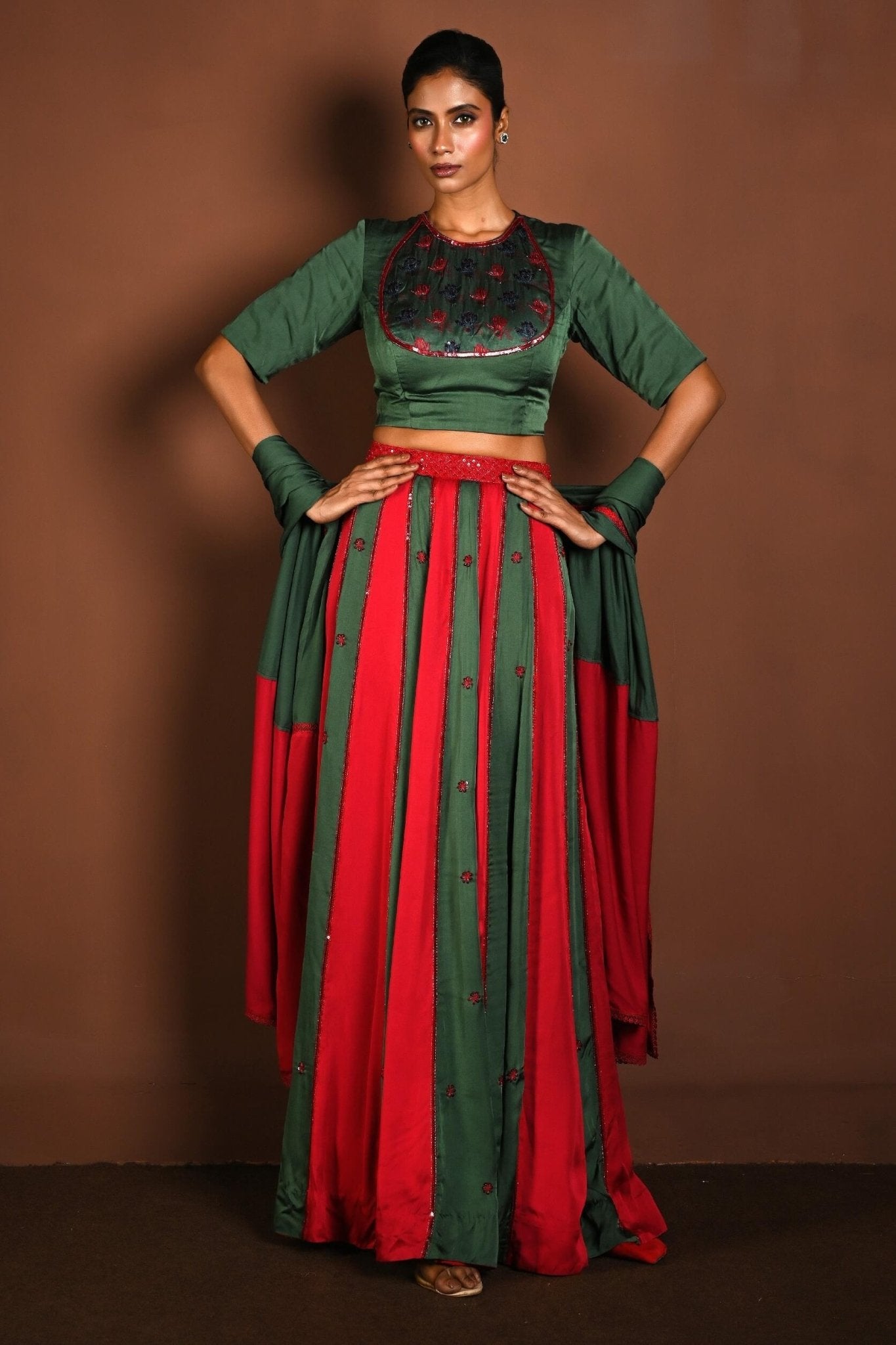 Red and Green Lehenga with Matching Green Choli and Dupatta - Anvi Couture