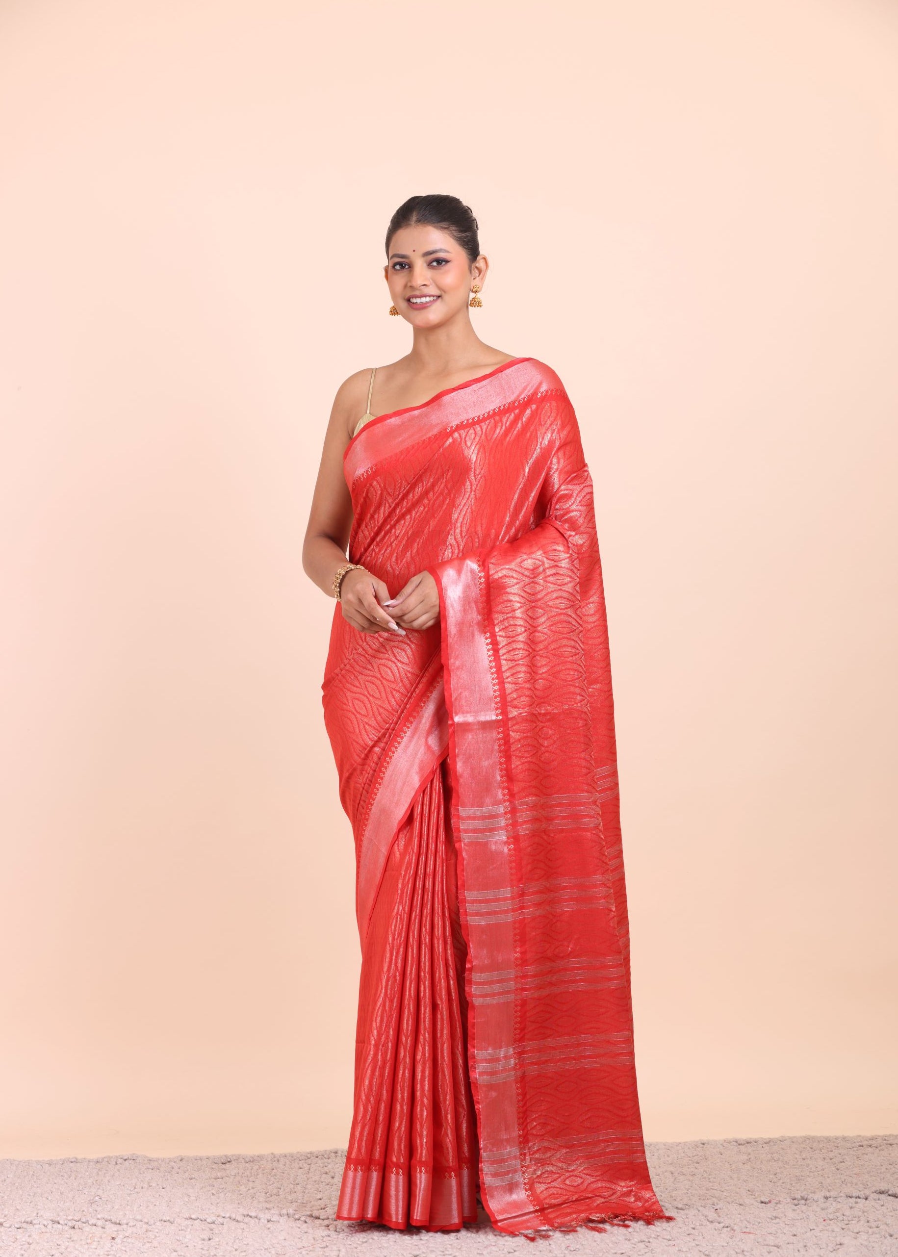 Red and Silver Handloom Tissue Saree Front View