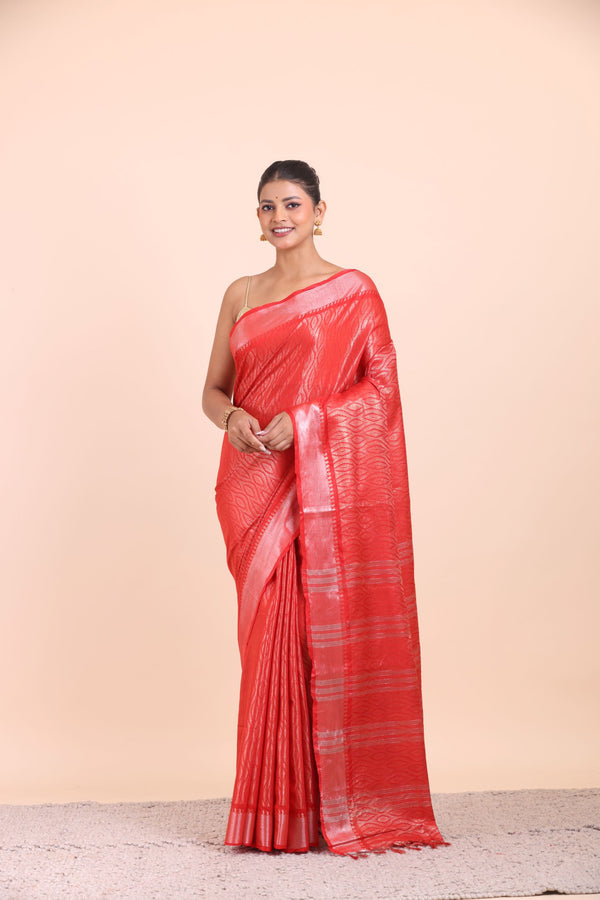 Red and Silver Handloom Tissue Saree Front View