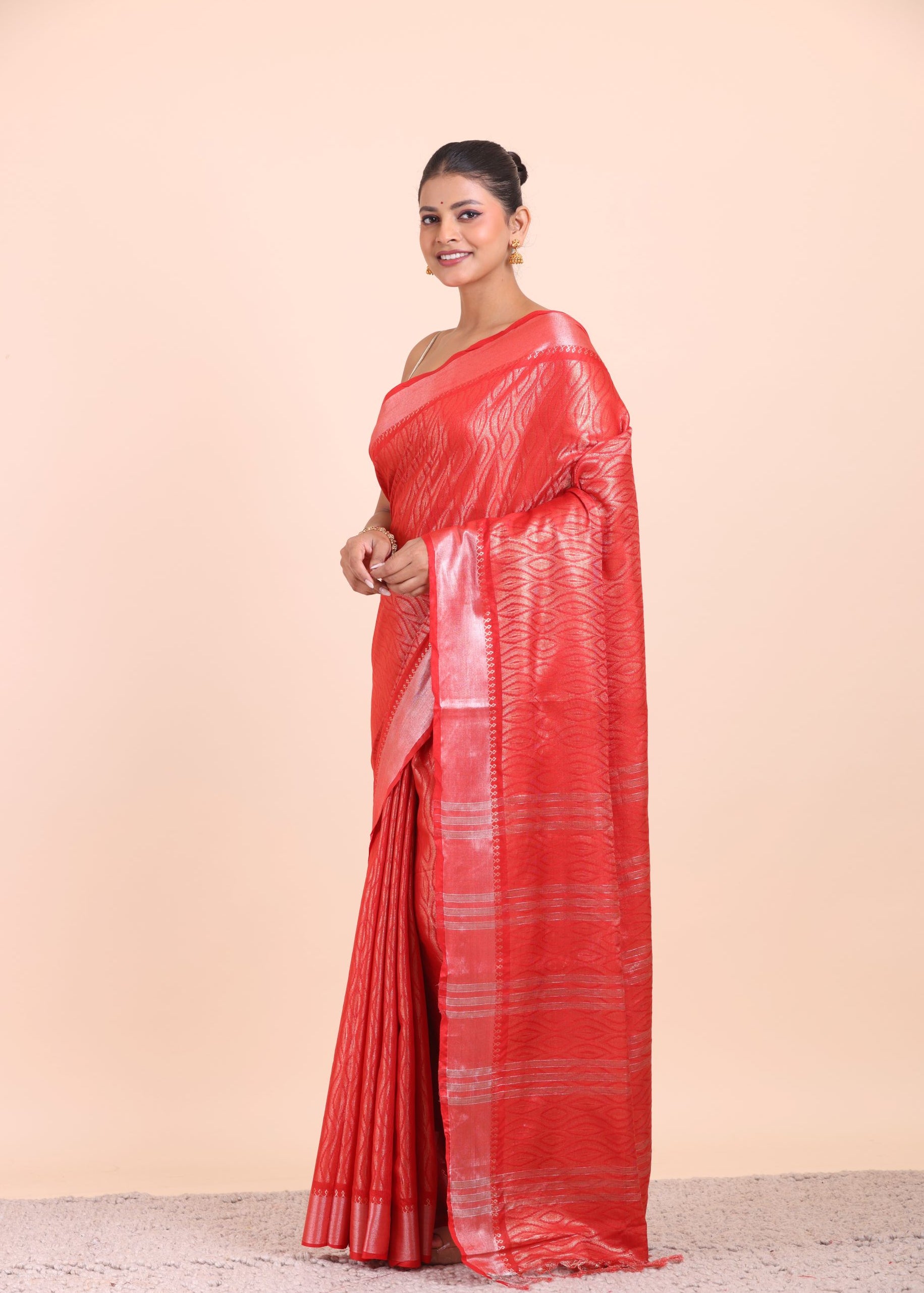 Red and Silver Handloom Tissue Saree Side View