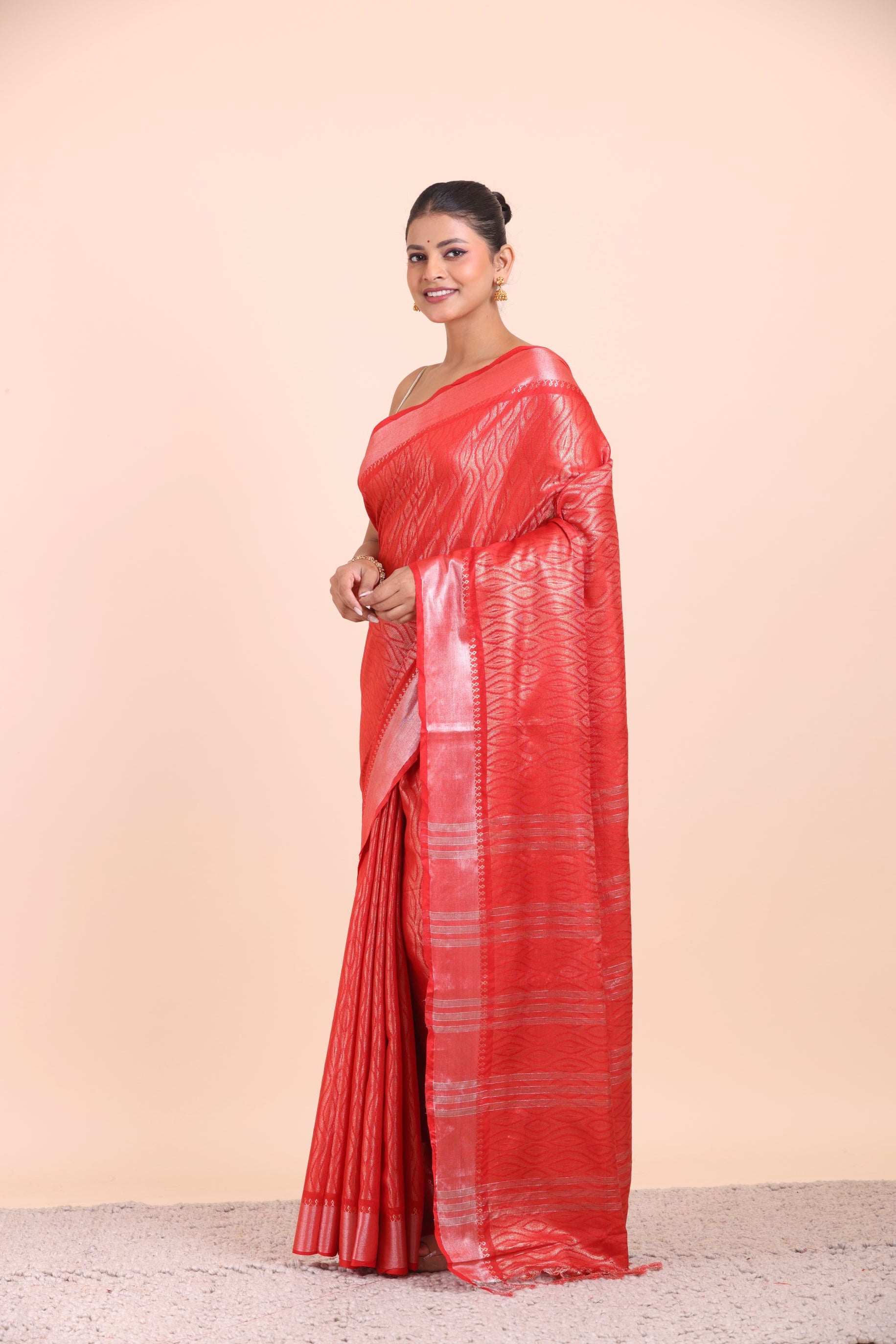 Red and Silver Handloom Tissue Saree Side View