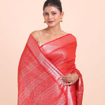 Red and Silver Handloom Tissue Saree Close Up View