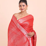 Red and Silver Handloom Tissue Saree Close Up View