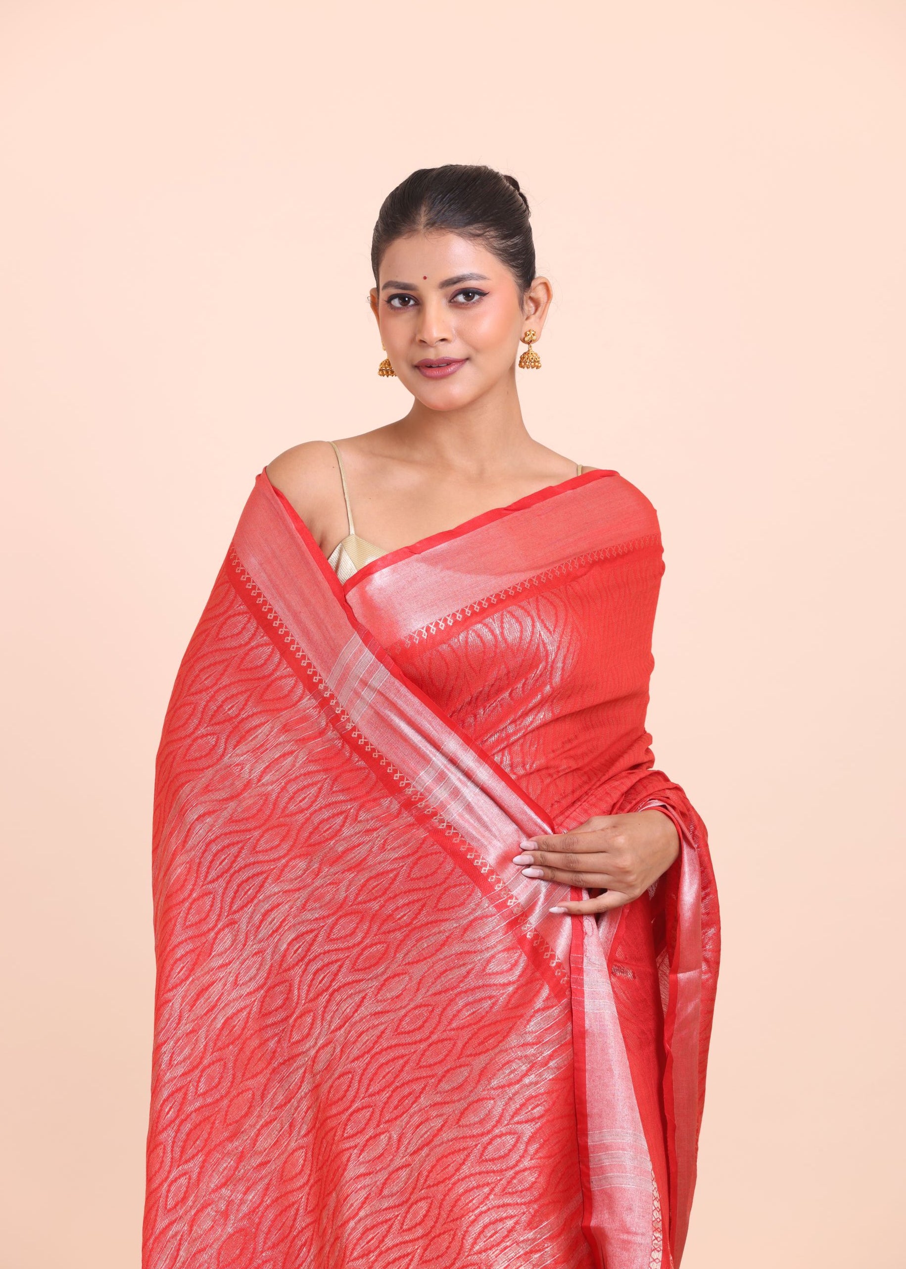 Red and Silver Handloom Tissue Saree Close Up View