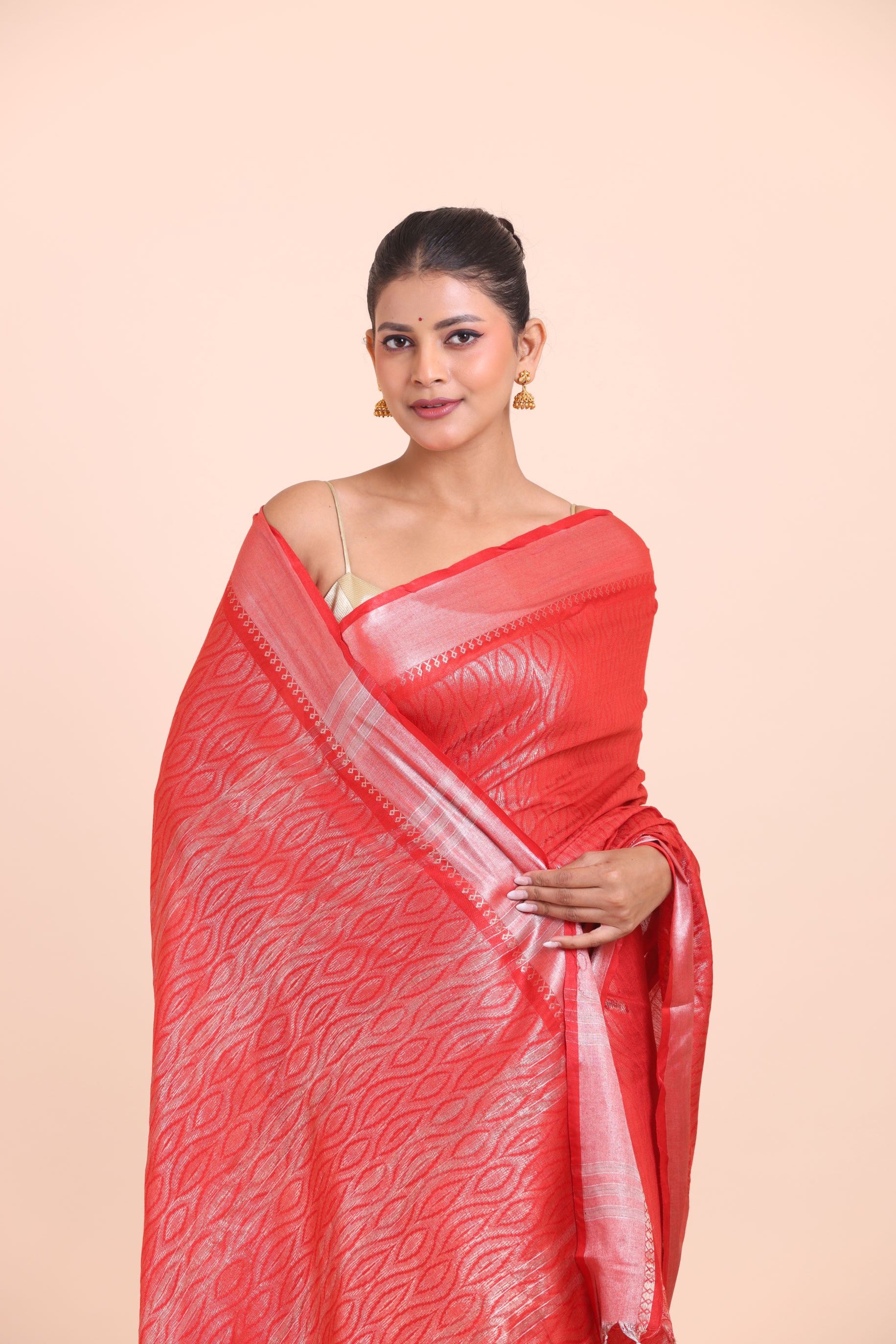 Red and Silver Handloom Tissue Saree Close Up View