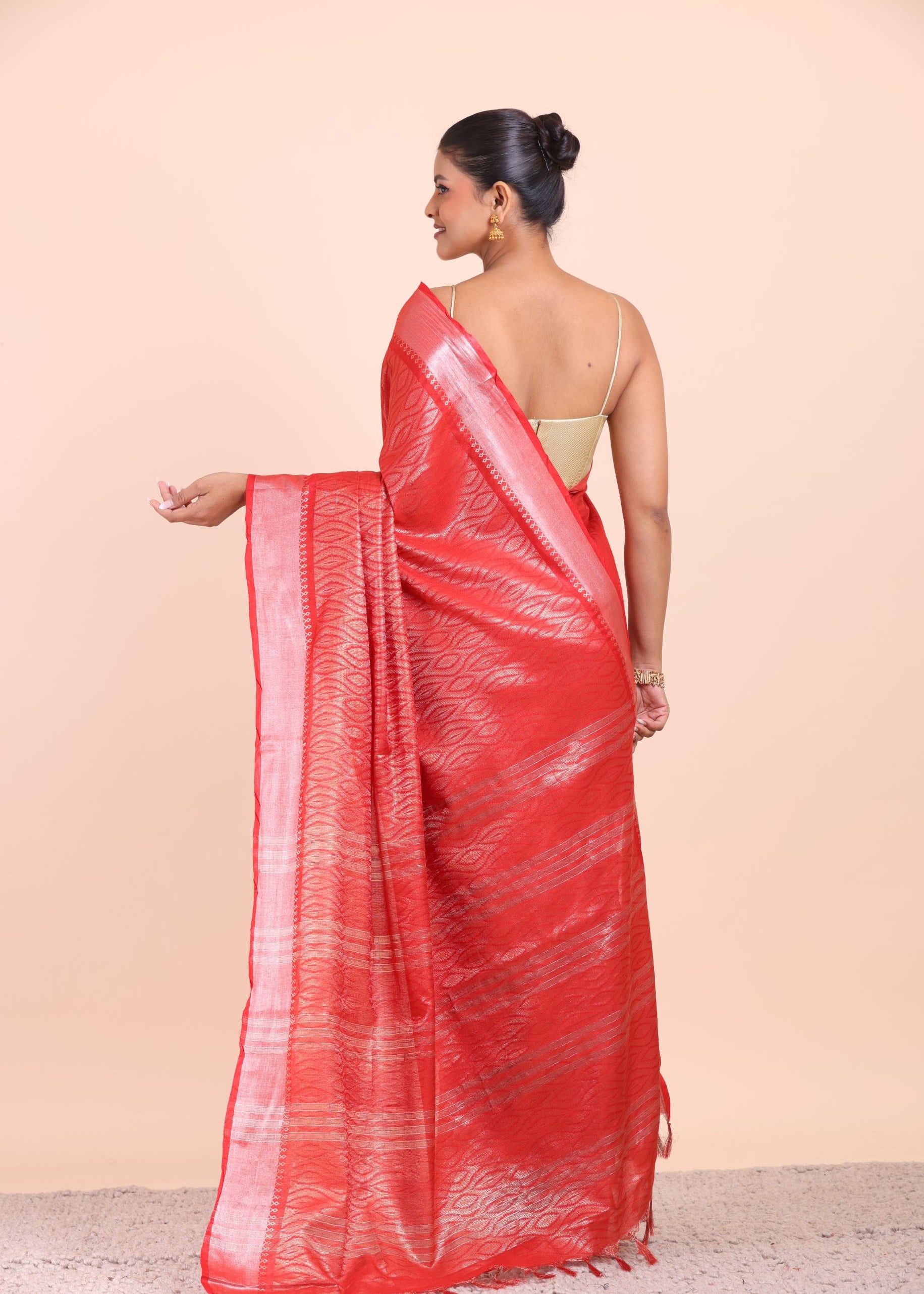 Red and Silver Handloom Tissue Saree Back View