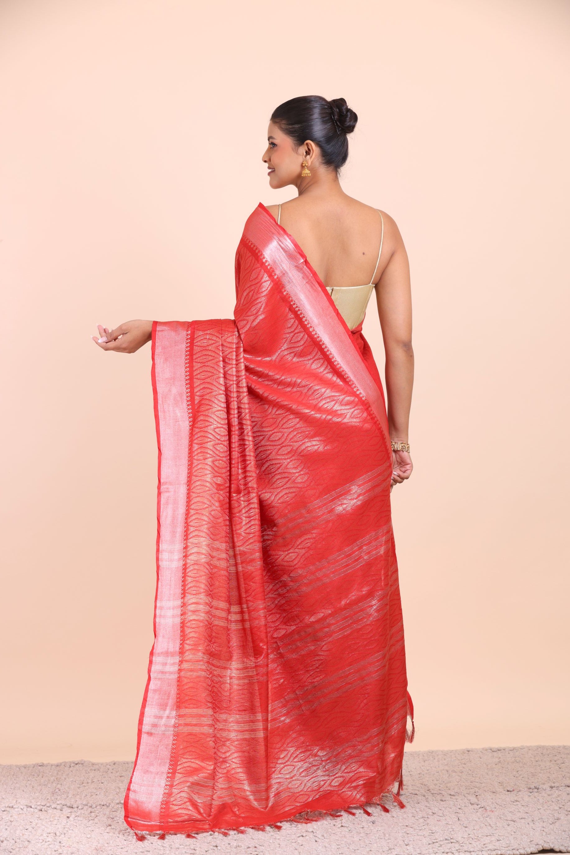 Red and Silver Handloom Tissue Saree Back View