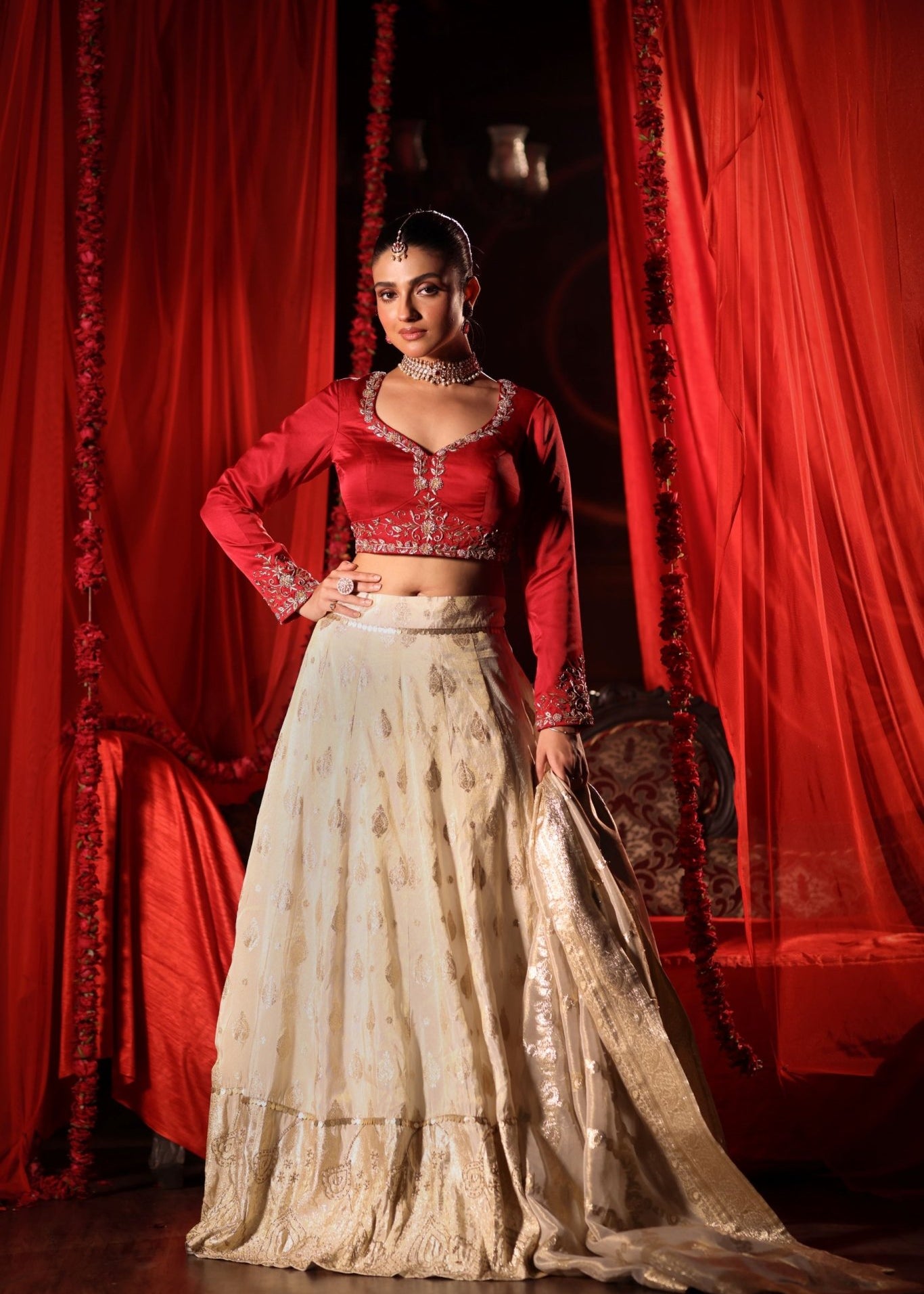 Red and White Bridal Lehenga Set - Anvi Couture