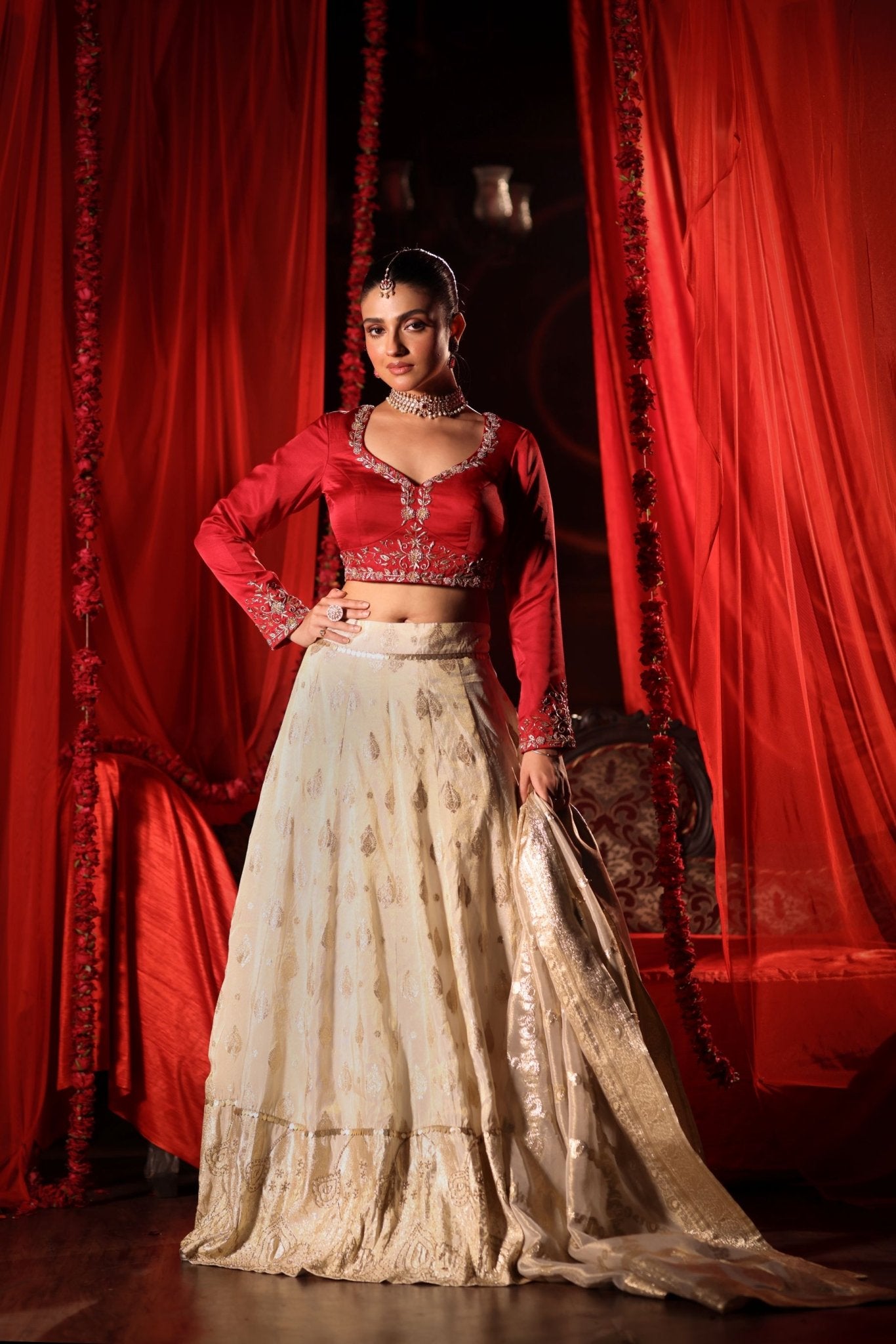 Red and White Bridal Lehenga Set - Anvi Couture