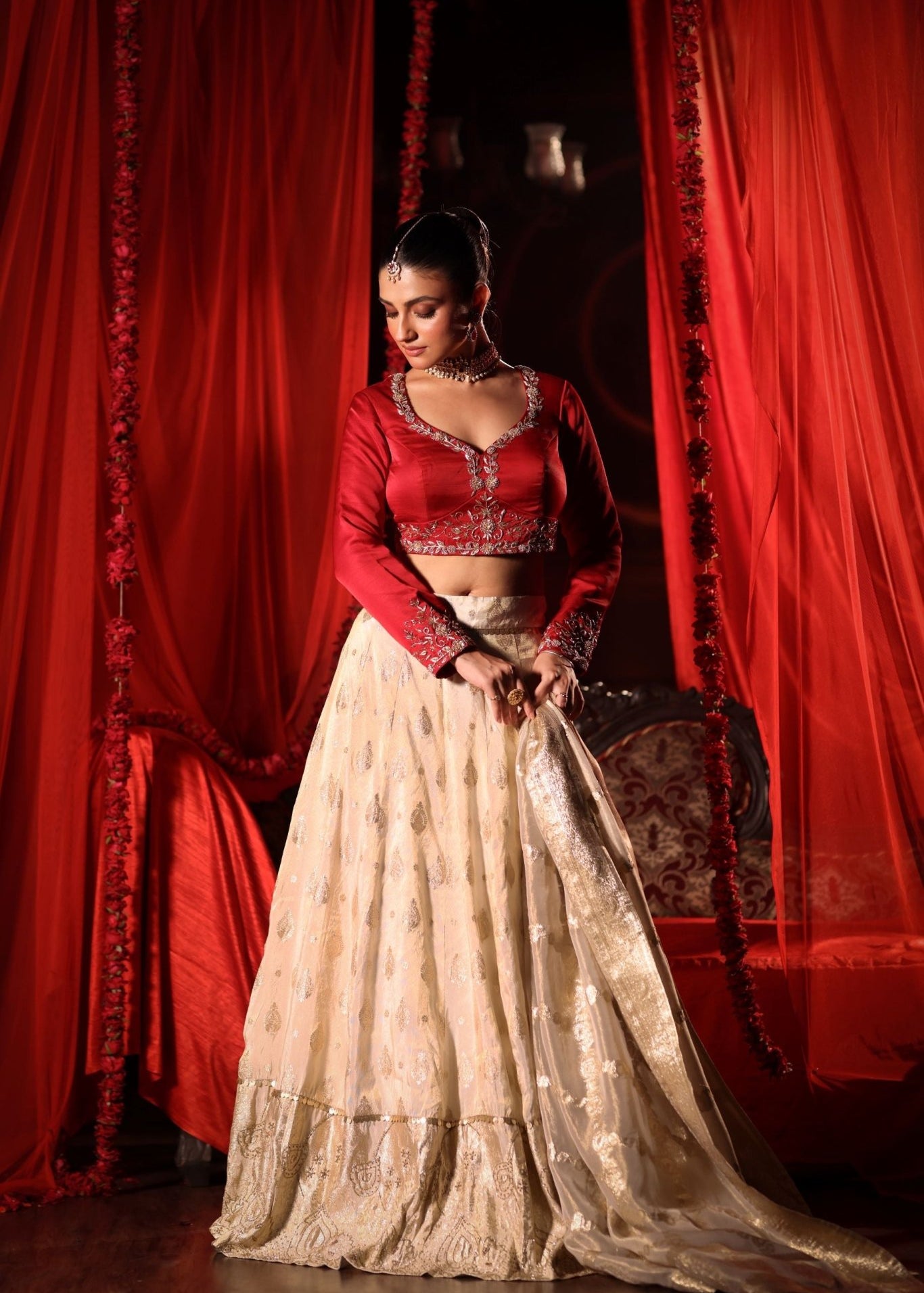 Red and White Bridal Lehenga Set - Anvi Couture
