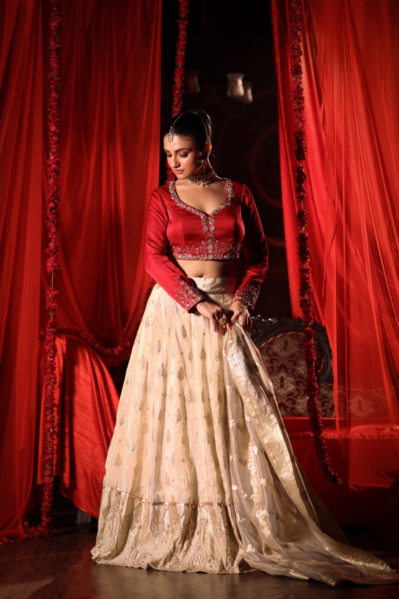 Red and White Bridal Lehenga Set - Anvi Couture