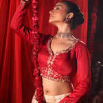 Red and White Bridal Lehenga Set Close Up
