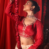 Red and White Bridal Lehenga Set Close Up
