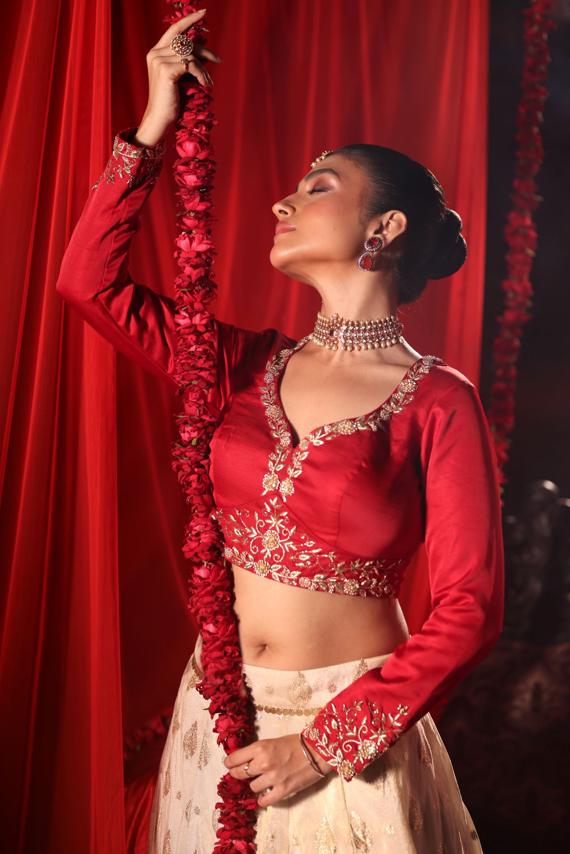 Red and White Bridal Lehenga Set Close Up
