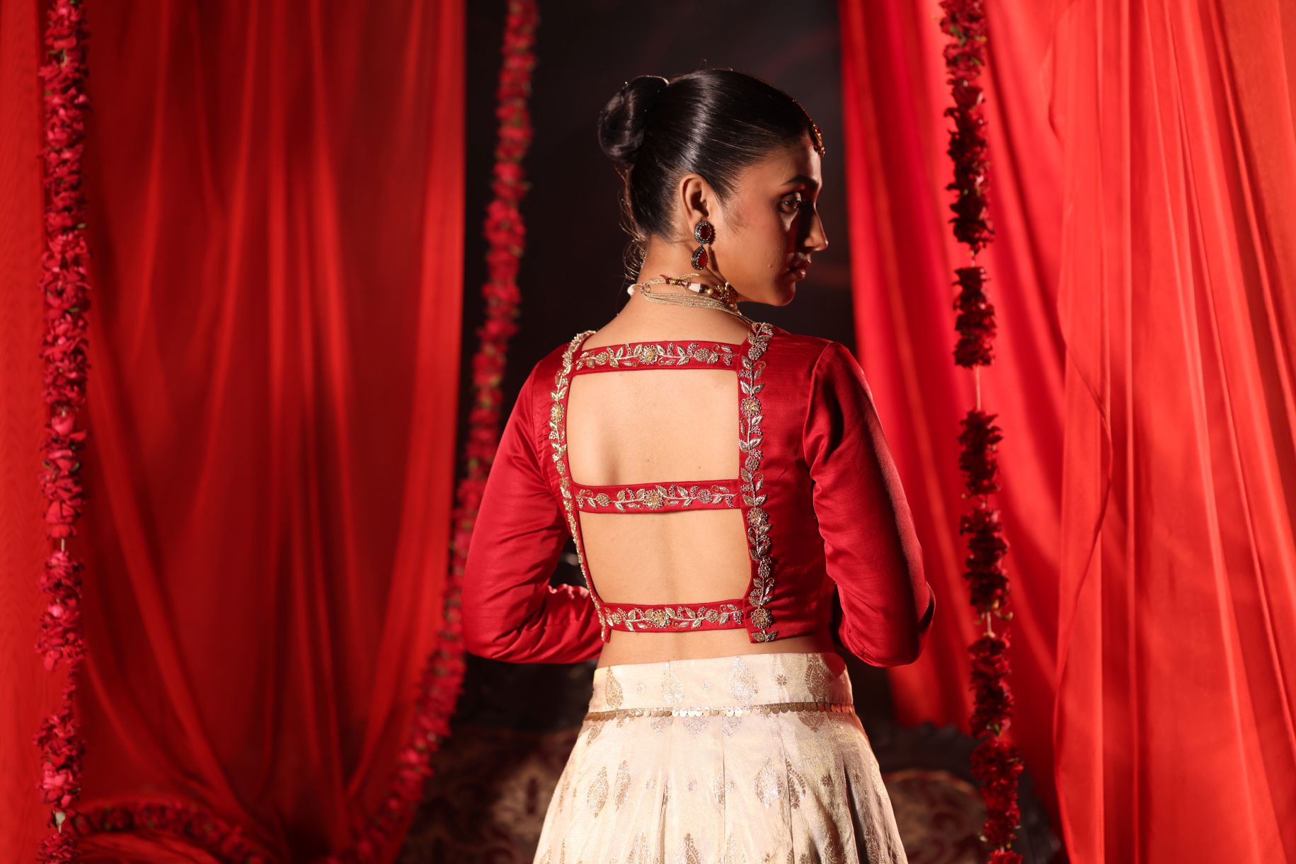 Red and White Bridal Lehenga Set Back
