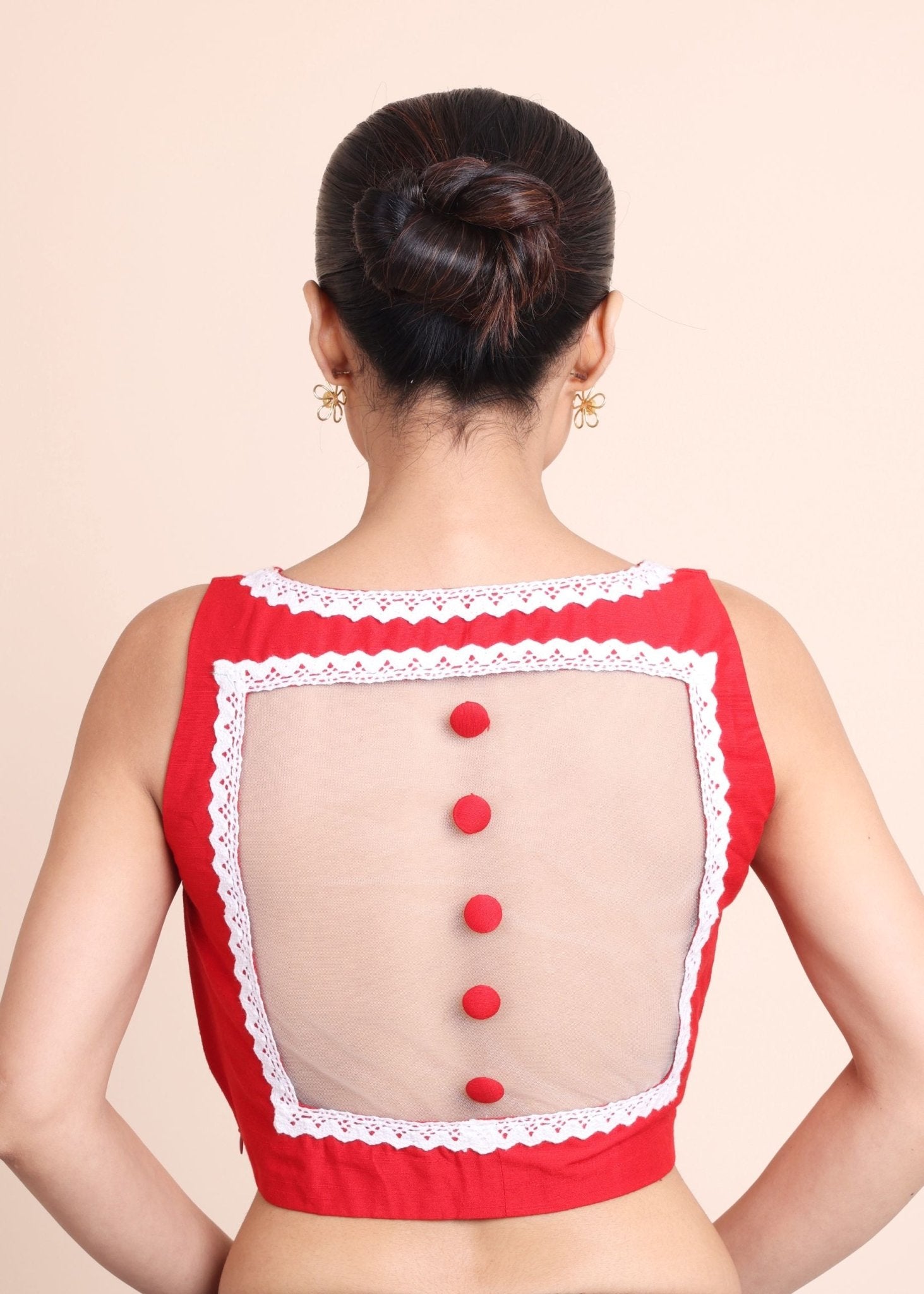 Red and White Designer V Neck Blouse - Anvi Couture