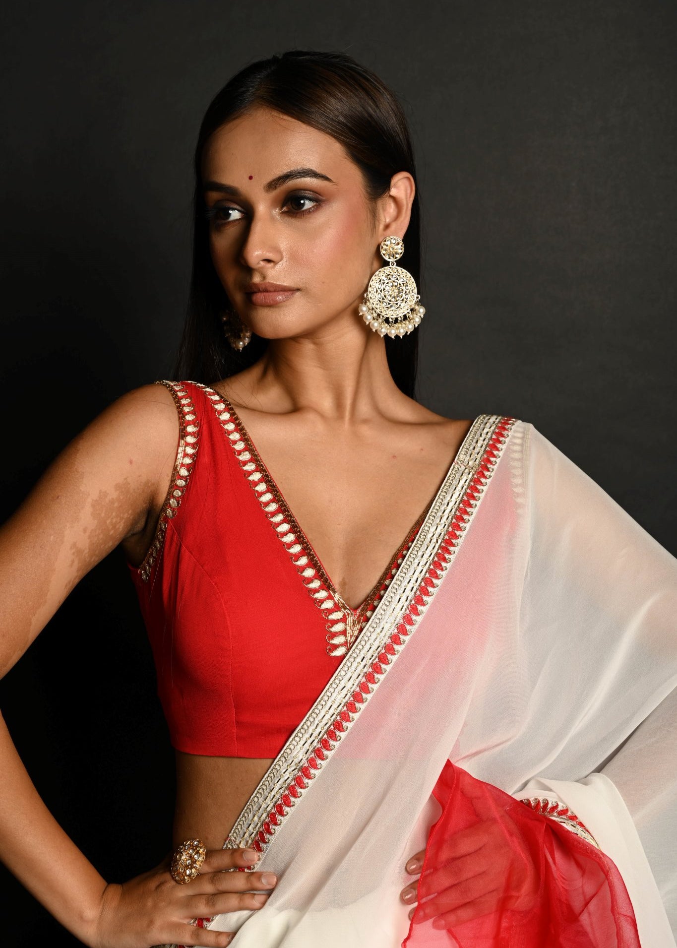 Red and White Hand Embroidered Georgette-Organza Ruffle Saree Paired With Blouse - Anvi Couture