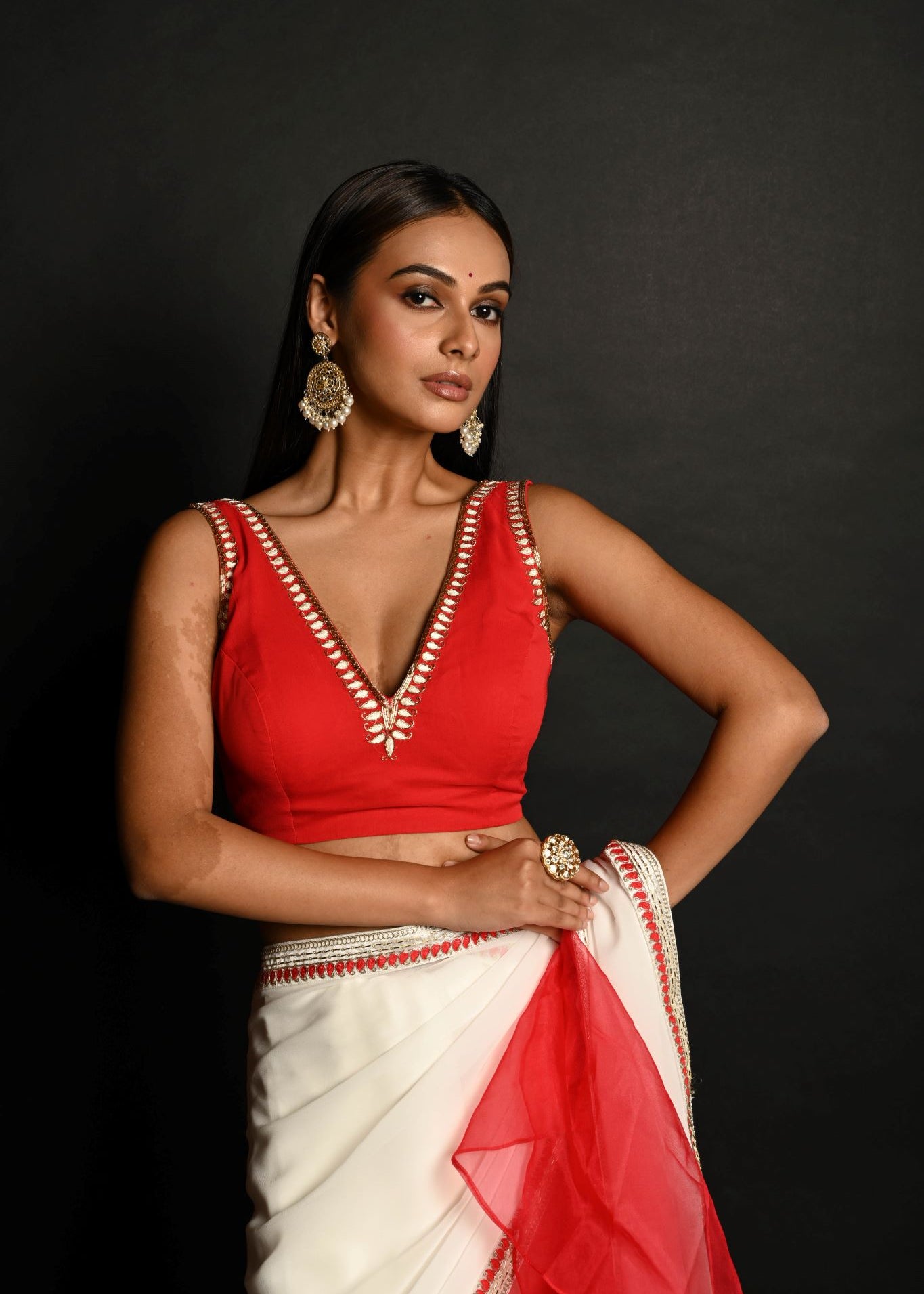 Red and White Hand Embroidered Georgette-Organza Ruffle Saree Paired With Blouse - Anvi Couture