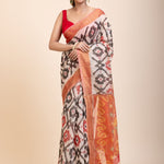 Red and White Ikkat Silk Saree with Black Woven - Anvi Couture
