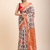 Red and White Ikkat Silk Saree with Black Woven - Anvi Couture
