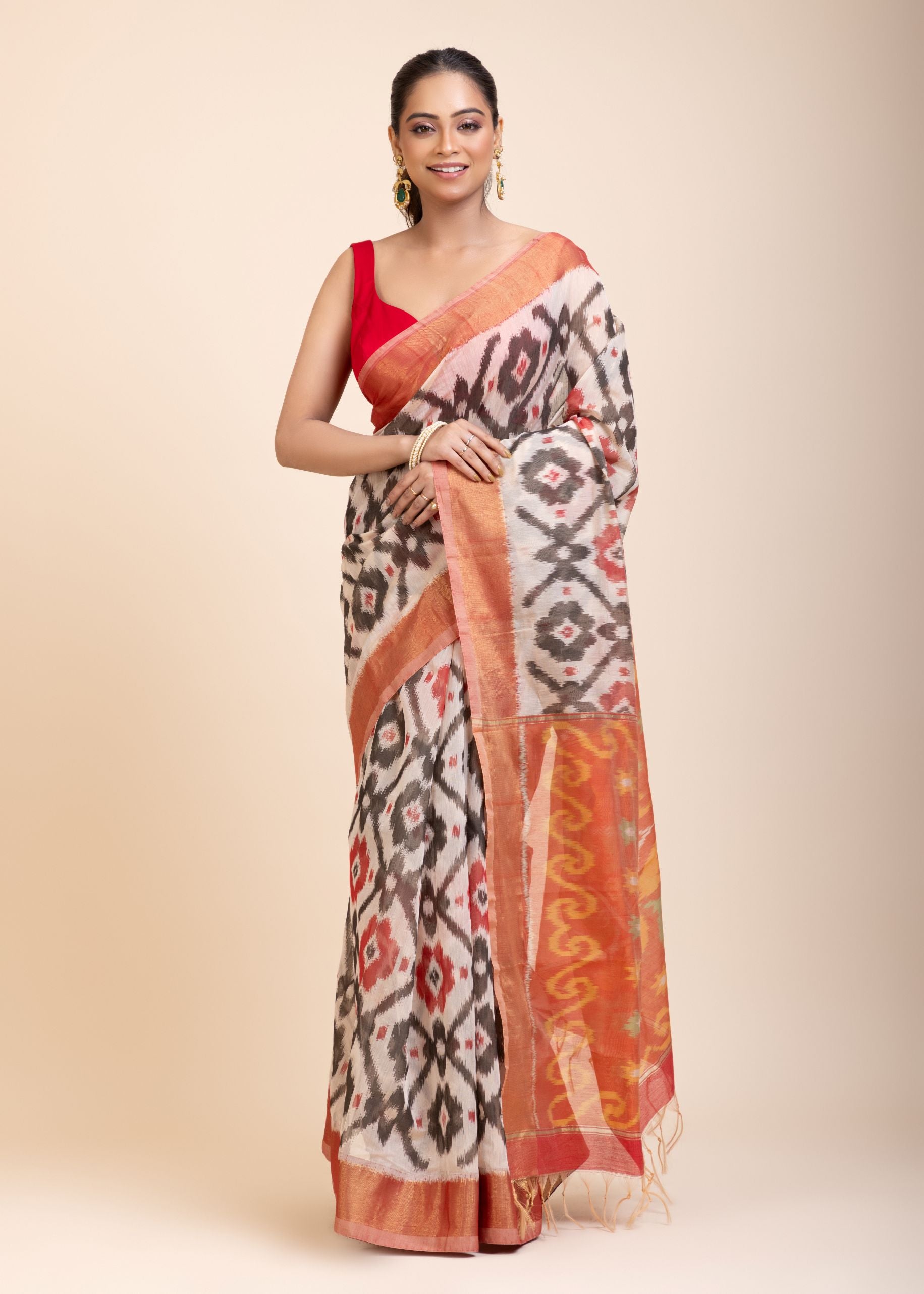 Red and White Ikkat Silk Saree with Black Woven front
