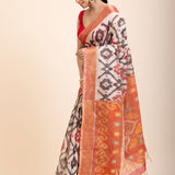 Red and White Ikkat Silk Saree with Black Woven - Anvi Couture