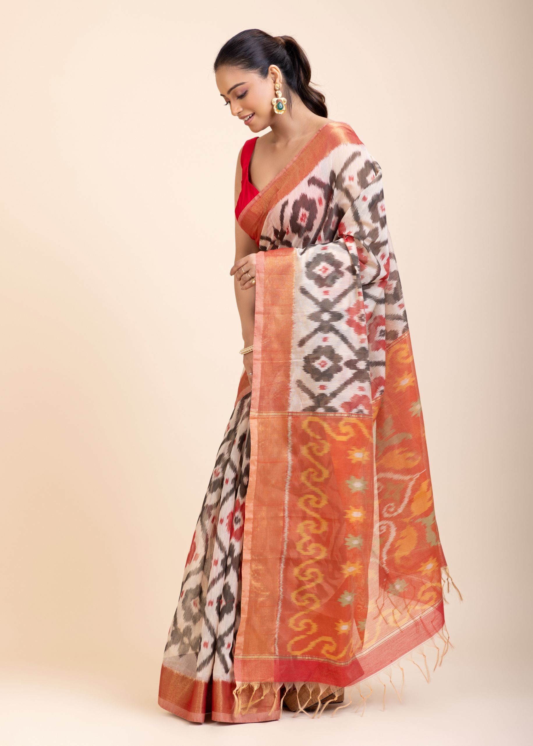 Red and White Ikkat Silk Saree with Black Woven side