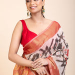 Red and White Ikkat Silk Saree with Black Woven - Anvi Couture