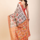 Red and White Ikkat Silk Saree with Black Woven - Anvi Couture